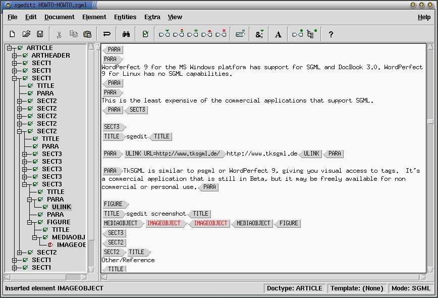 The screen shot of the epcEdit program shows a
              tree on the left side that has the SGML document in a
              hierarchy, while the right side shows the document.
              Tags are shown with a grey background.